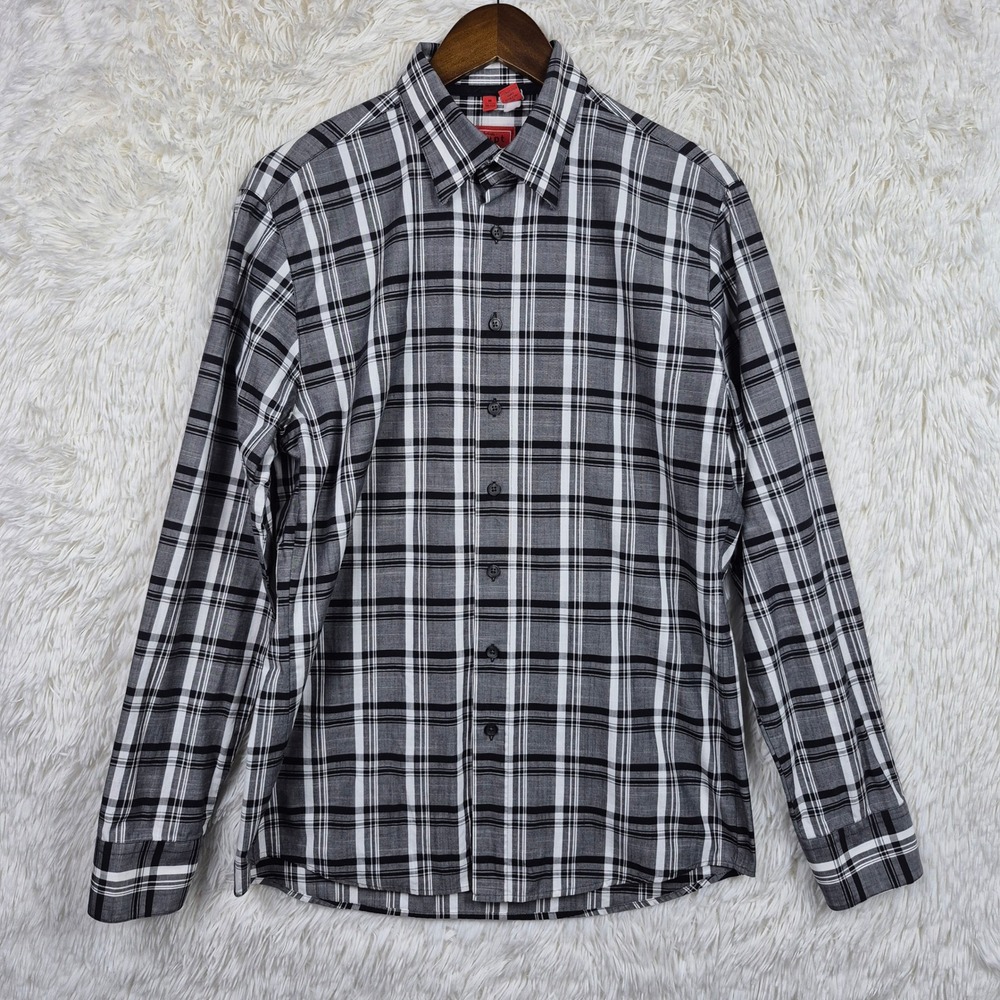 Haupt Germany Mens Fashion Fit Black White Plaid Long Sleeve Button Down Shirt M